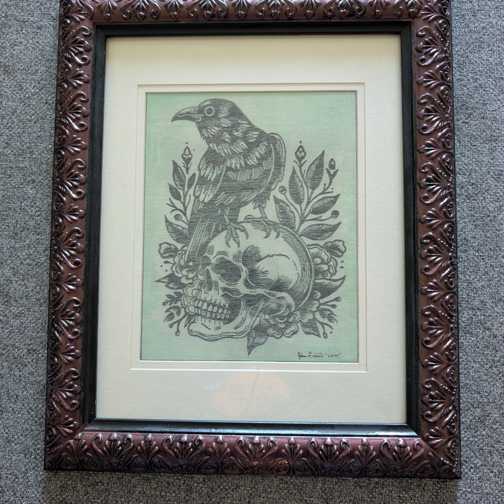 Framed Raven and Skull Art Wood Burnt And Stained